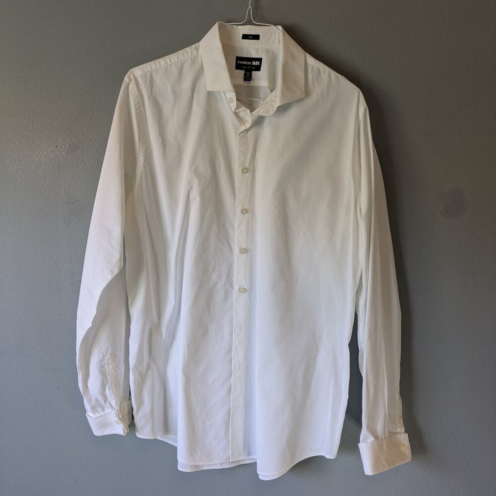 EXPRESS Slim White Men 1MX button down shirt, French Cuff, Tall XL/TG, 17-17.5